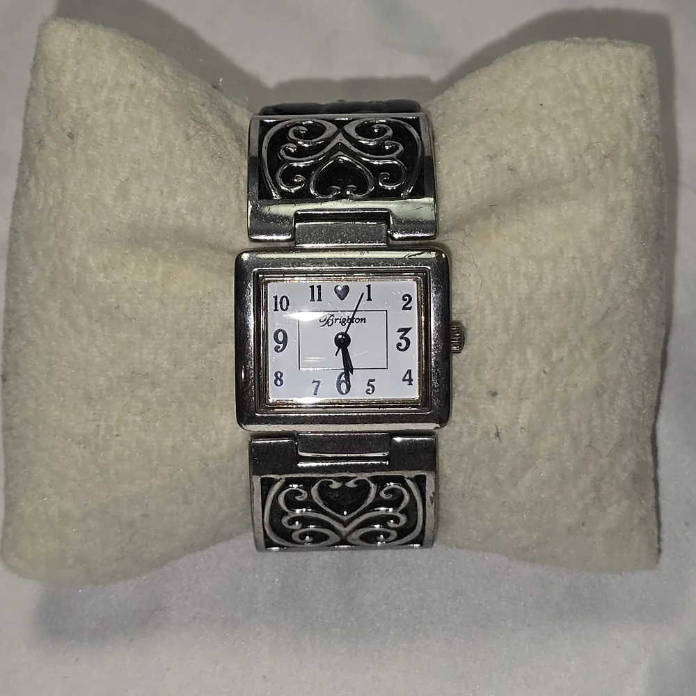 Brighton Silver and Black‎ Terressa Heart Motif Black Italian Leather Band Watch